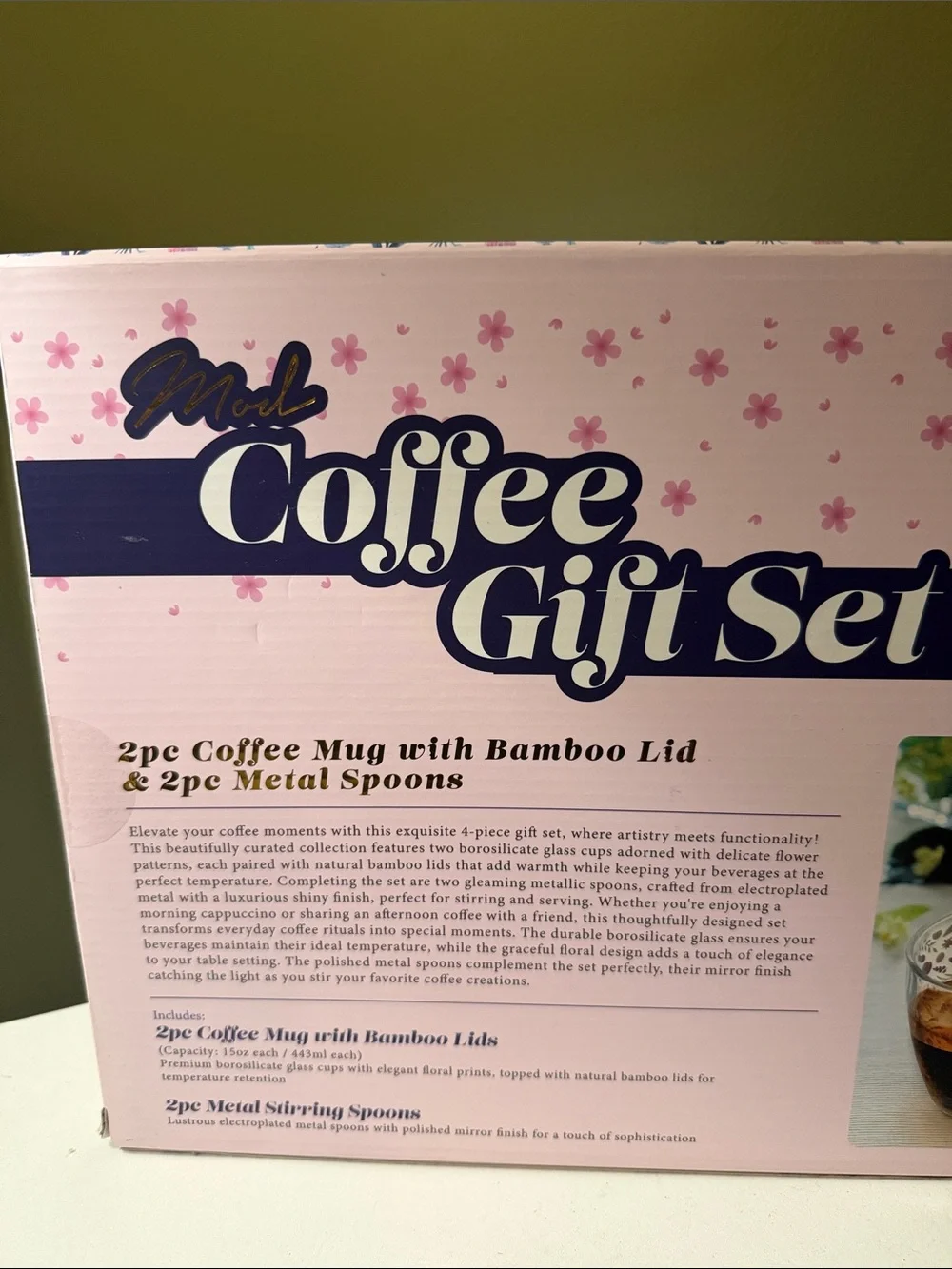 2PC Floral Pink Coffee Mug with Bamboo Lid & 2PC Metal Spoon Gift Set NEW